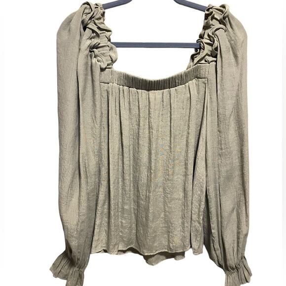 Blu Pepper Ruffled Blouse Women's Size L Sage Green Puff Sleeve Crepe Square - Picture 10 of 13